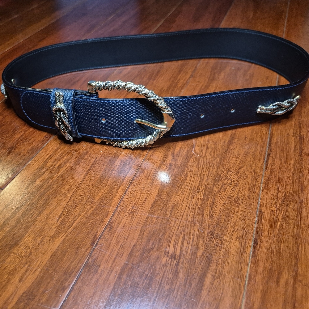 Stylish Black and Gold Leather Belt with Ornate Vintage Design